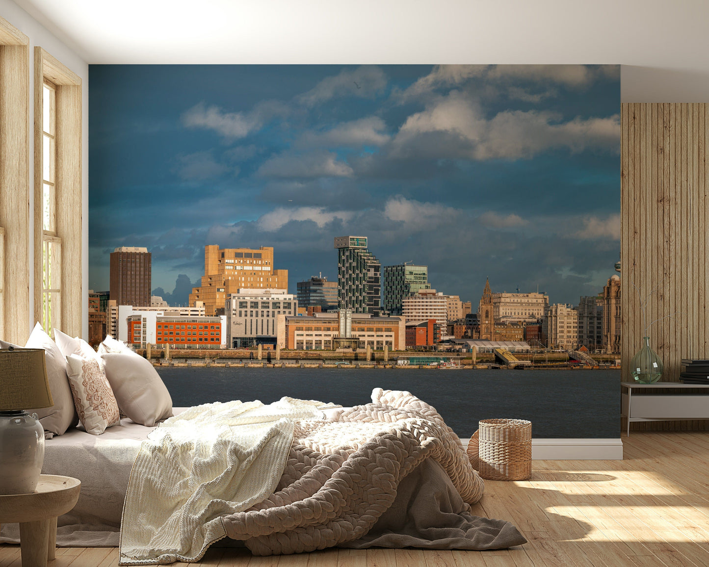 City waterfront wall mural behind sofa in apartment lounge, soft grey and blue color