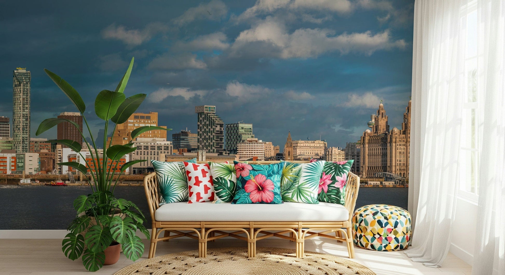 Waterfront skyline mural behind bed, apartment bedroom, soft color and light contrast