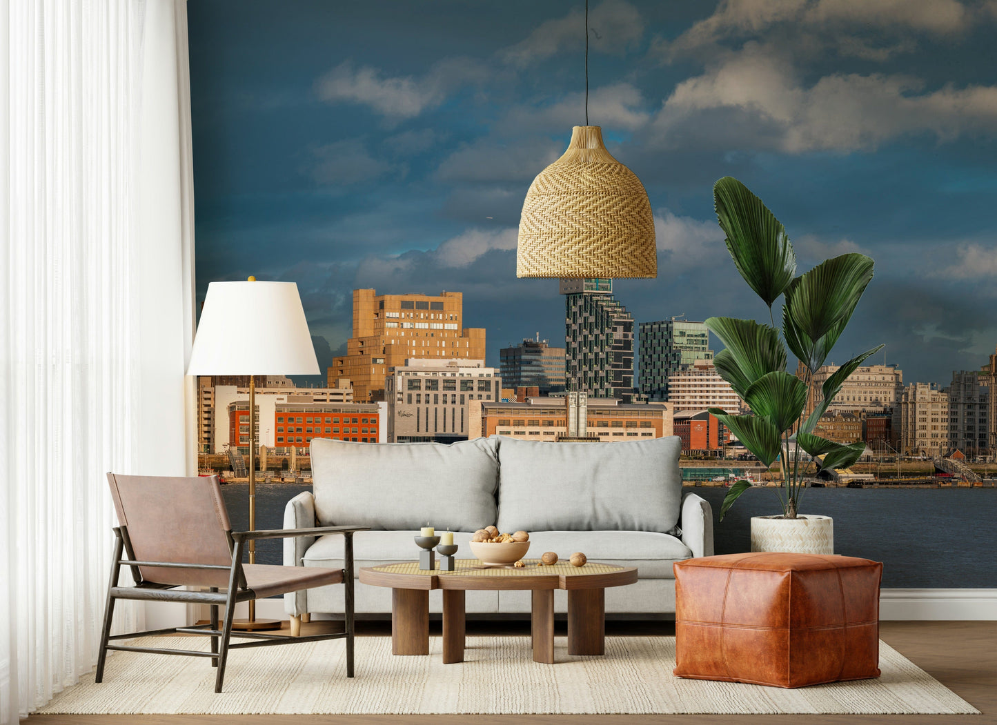 Liverpool's Skyline Vista Wall Mural above desk, contemporary workspace, cool color