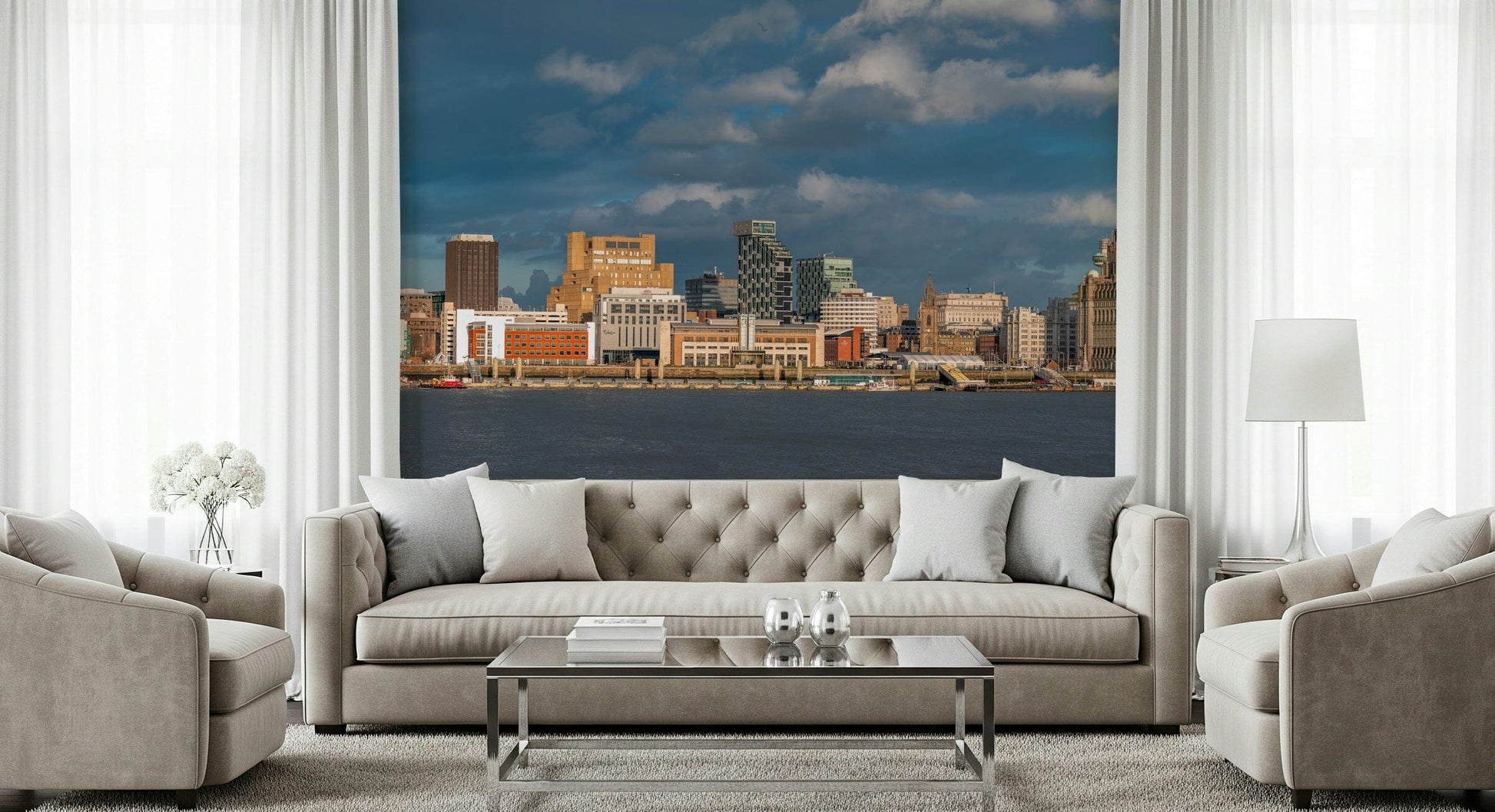 Liverpool skyline mural in studio apartment, modern wall decor, crisp white surround