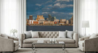 Liverpool skyline mural in studio apartment, modern wall decor, crisp white surround
