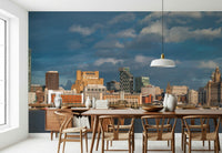 Panoramic Liverpool skyline mural in hallway, modern wall decor, subtle color tones