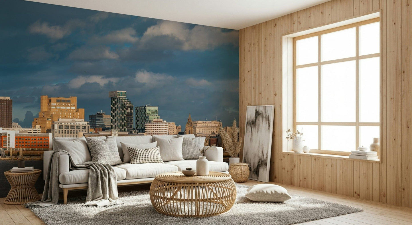 Urban skyline wall decor mural in modern office, clean lines, muted color scheme