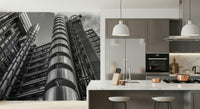 Lloyds building wallcovering, contrasting shadows emphasize tubes and vertical elements.