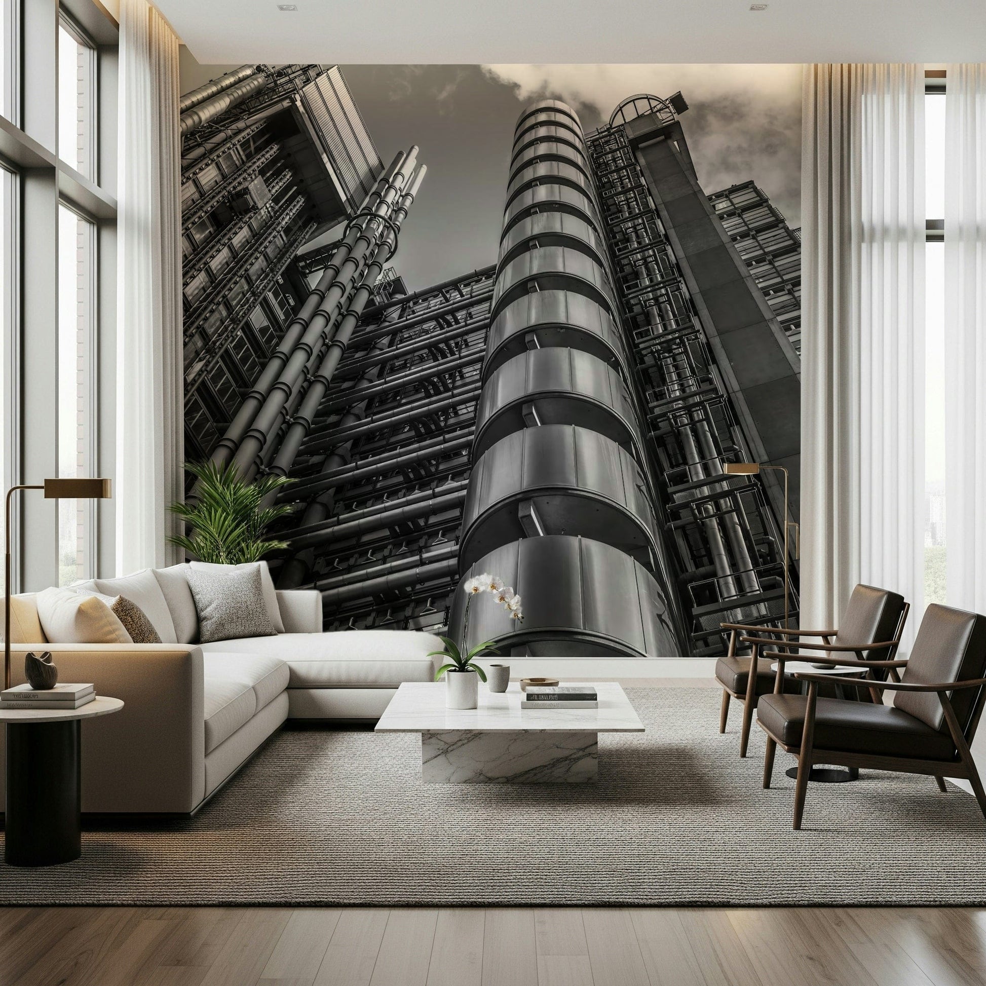 City building wall mural, mechanical aesthetic, abstract arrangement of conduits.