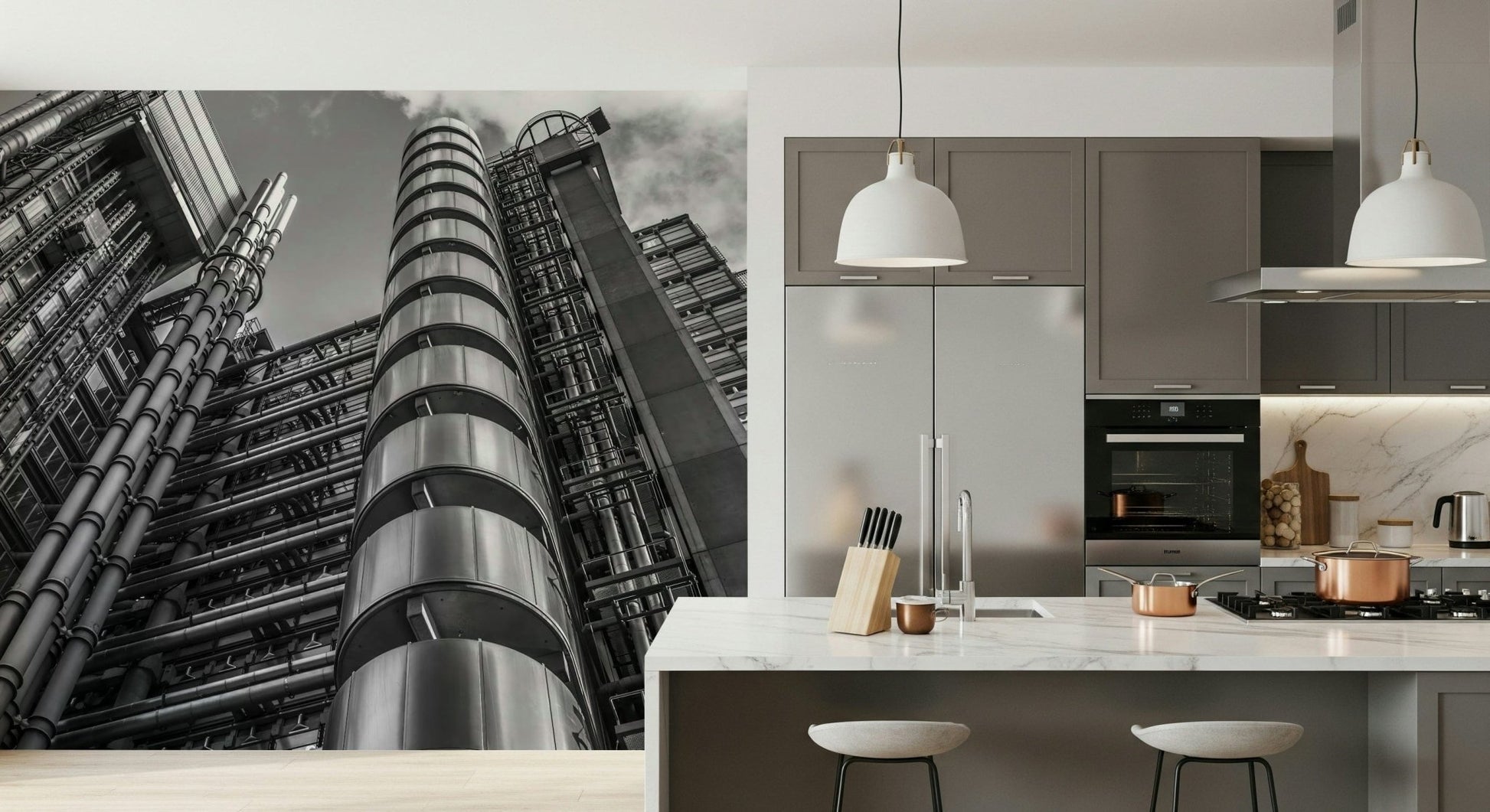 Lloyds building wallcovering, contrasting shadows emphasize tubes and vertical elements.