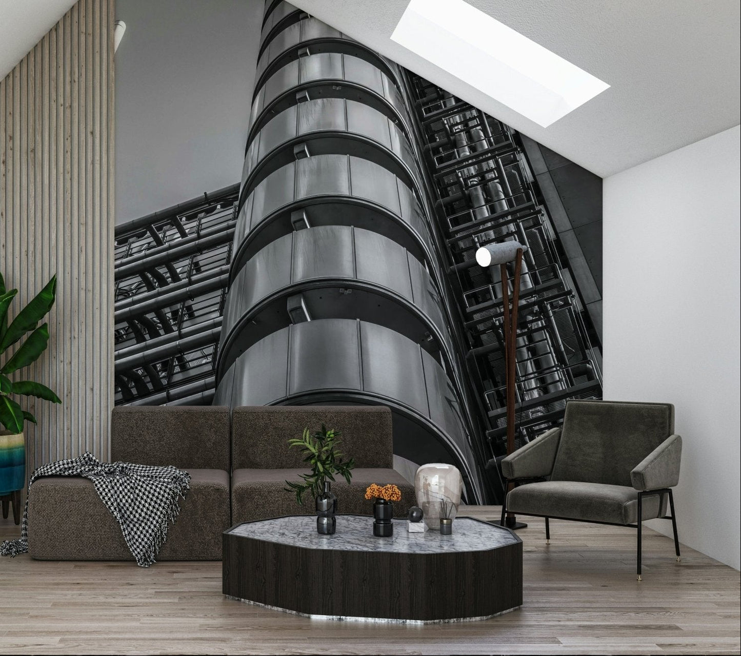  Building Futuristic design wall mural, numerous ducts and vents ascend toward bright sky background.