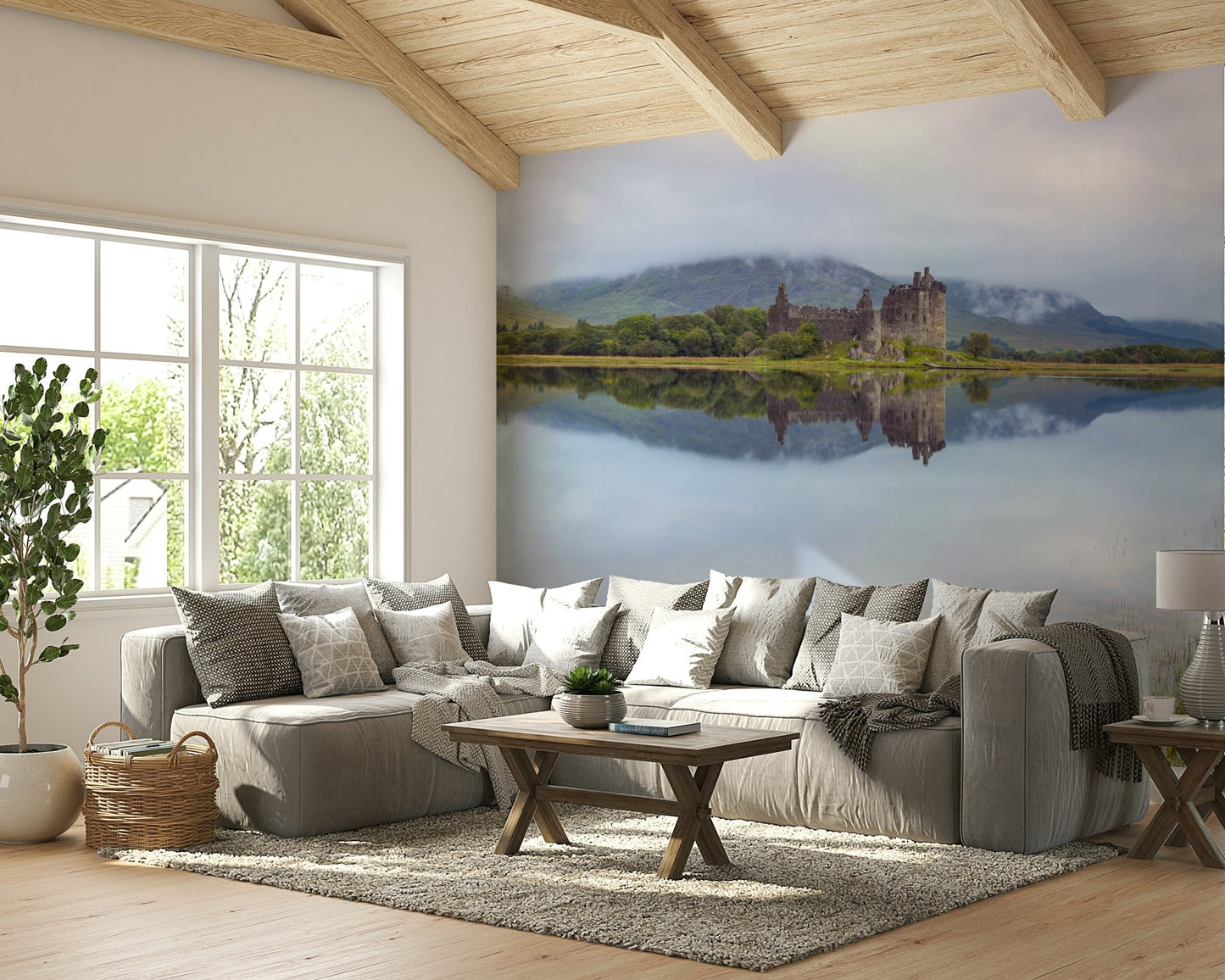 The mural gives a feeling of being in a quiet, natural place.

