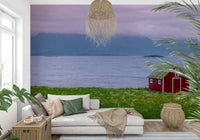 Rustic seaside wall mural with lone cabin