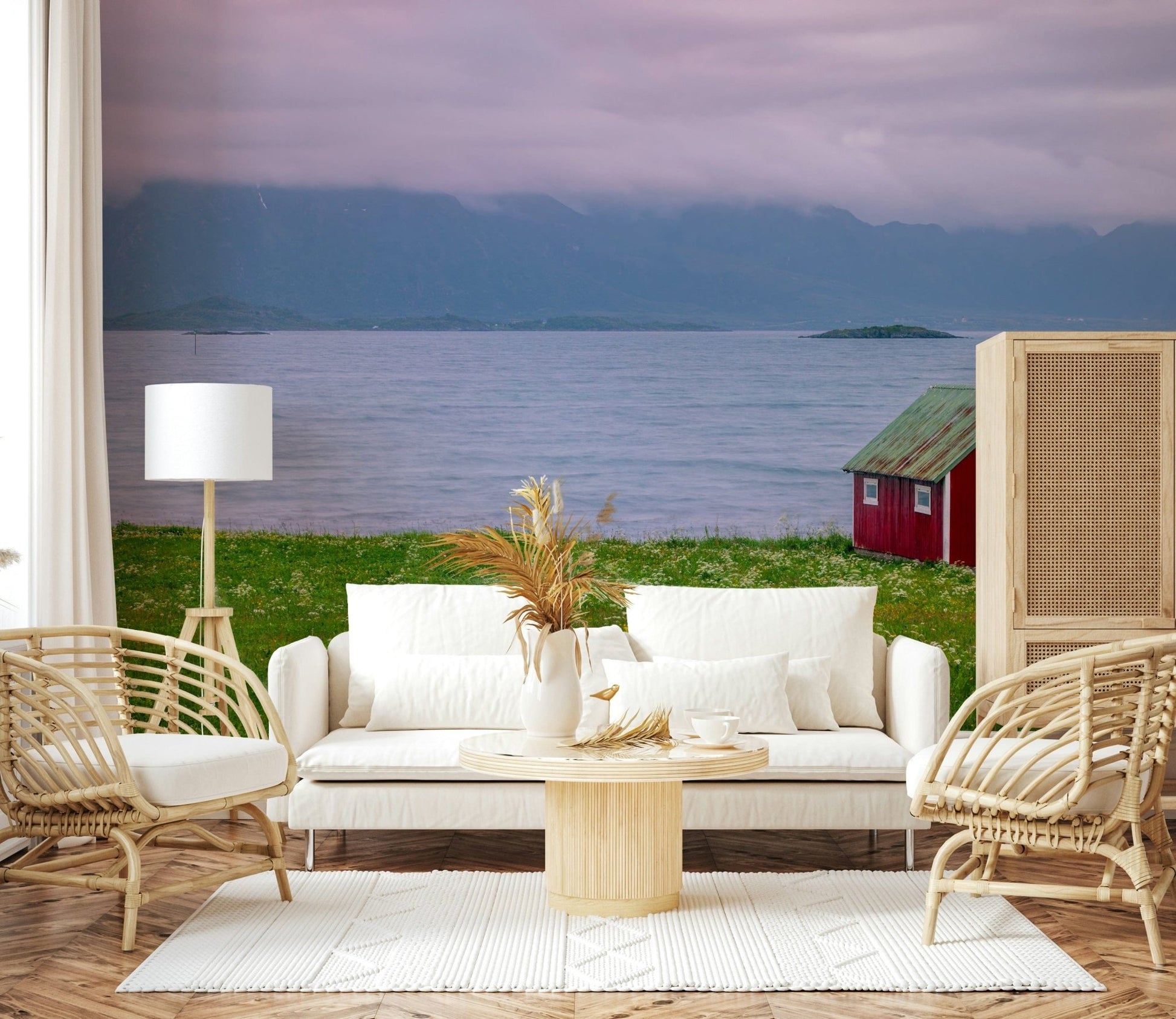 Norway coast wall mural with red hut