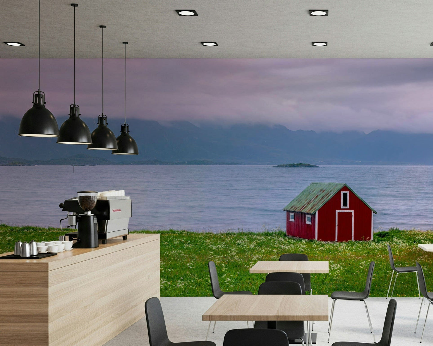 Mountain backdrop wall mural by calm water