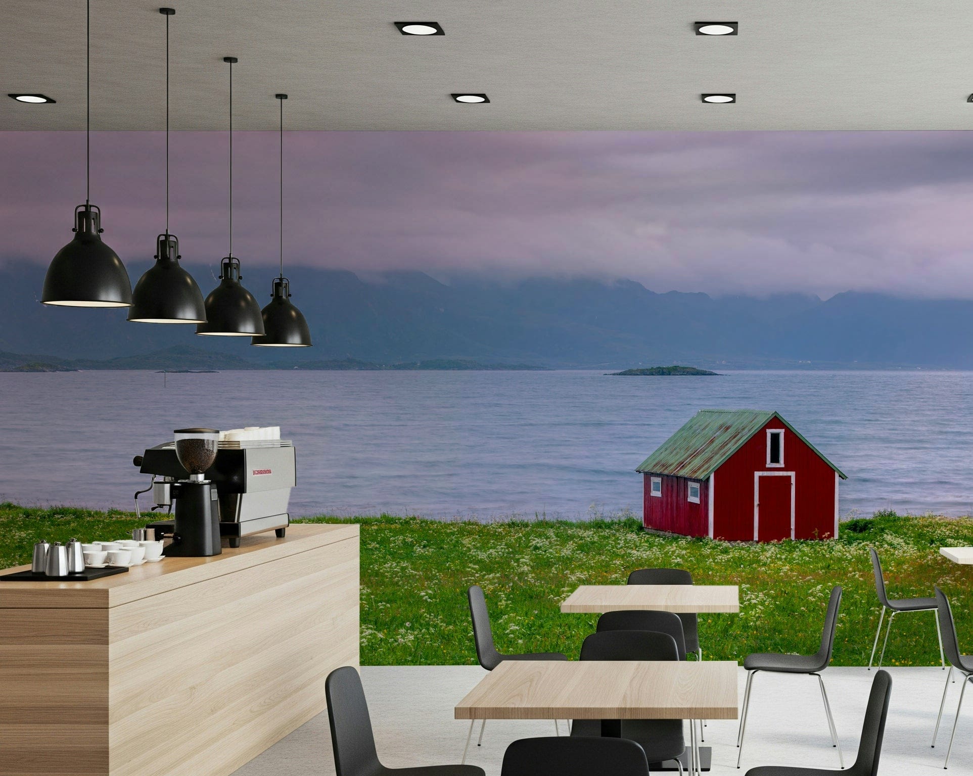 Mountain backdrop wall mural by calm water