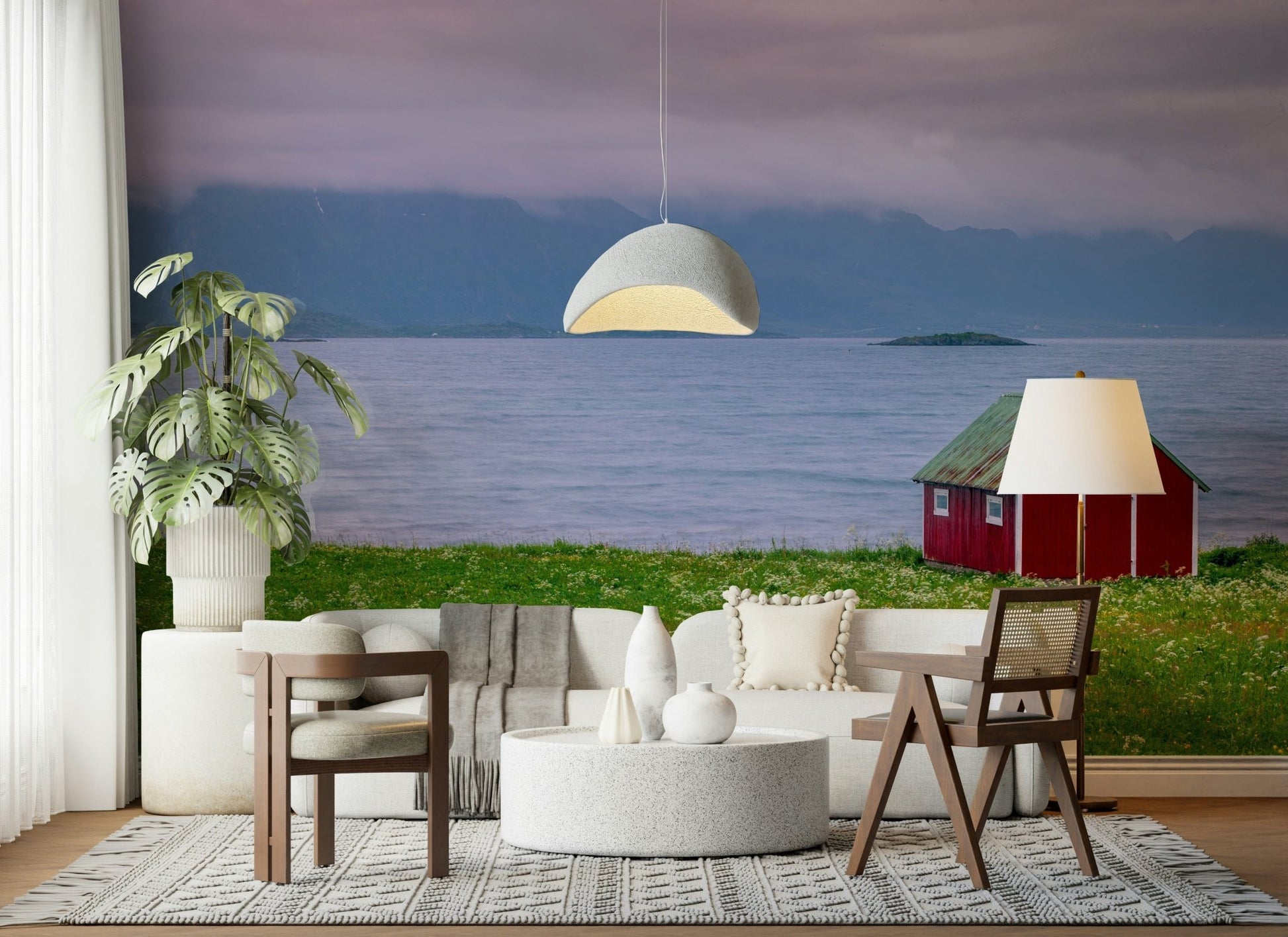 Fjord view wall mural with red cottage