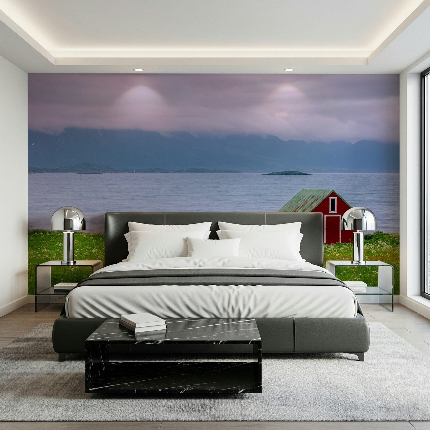 Peaceful coastal wall mural with grassy land