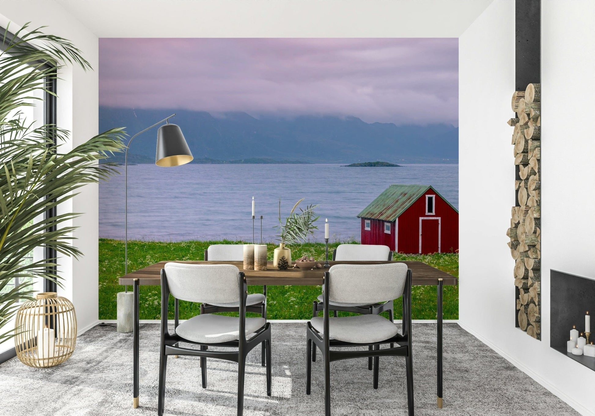 Nordic shoreline wall mural with green field