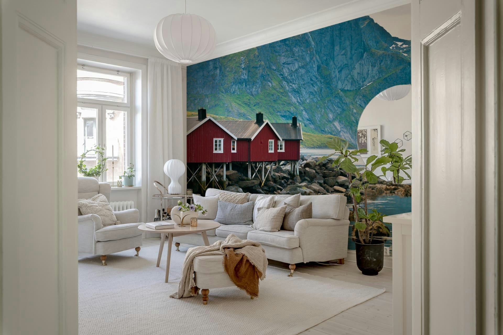 Picturesque Lofoten wallcovering; maritime shacks, granite background.