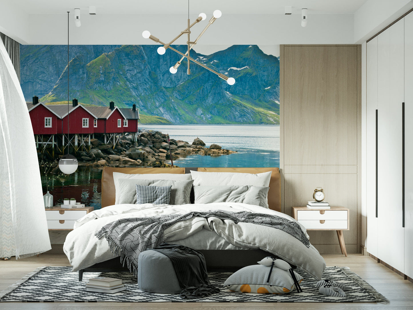 Picturesque Lofoten wall art; historic structures, powerful mountains.