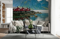 Picturesque Lofoten wallpaper; classic red rorbuer, rocky coastline.