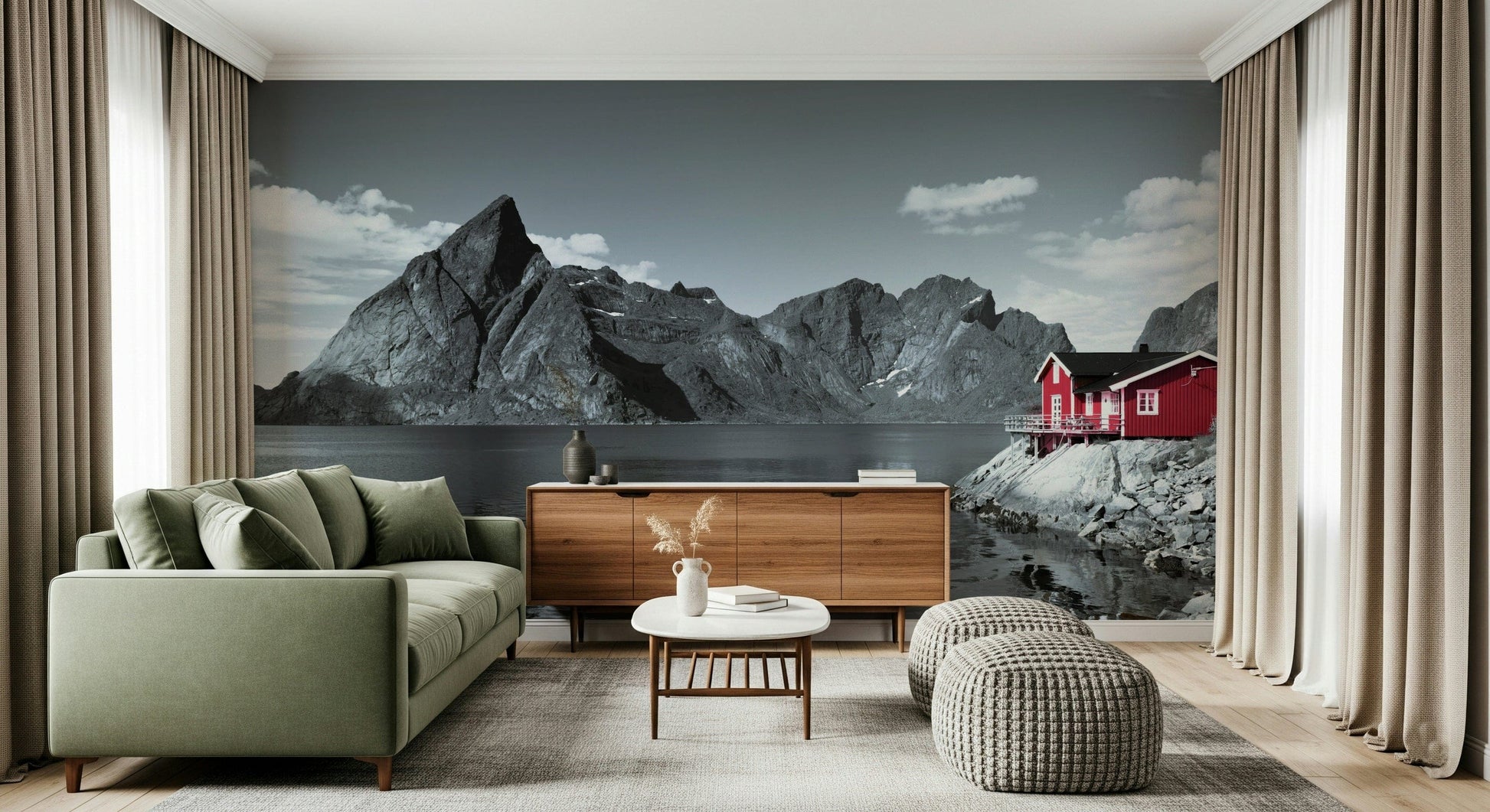 Wall mural depicting rugged fjord cliffs and a bright red waterfront home against a serene lake.