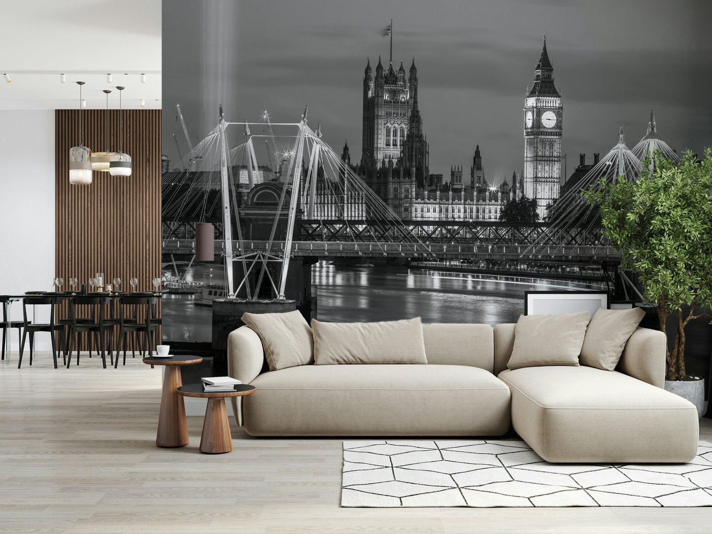 Minimalist office wall mural with London skyline, black and white tones, modern wall decor