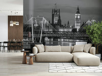Minimalist office wall mural with London skyline, black and white tones, modern wall decor
