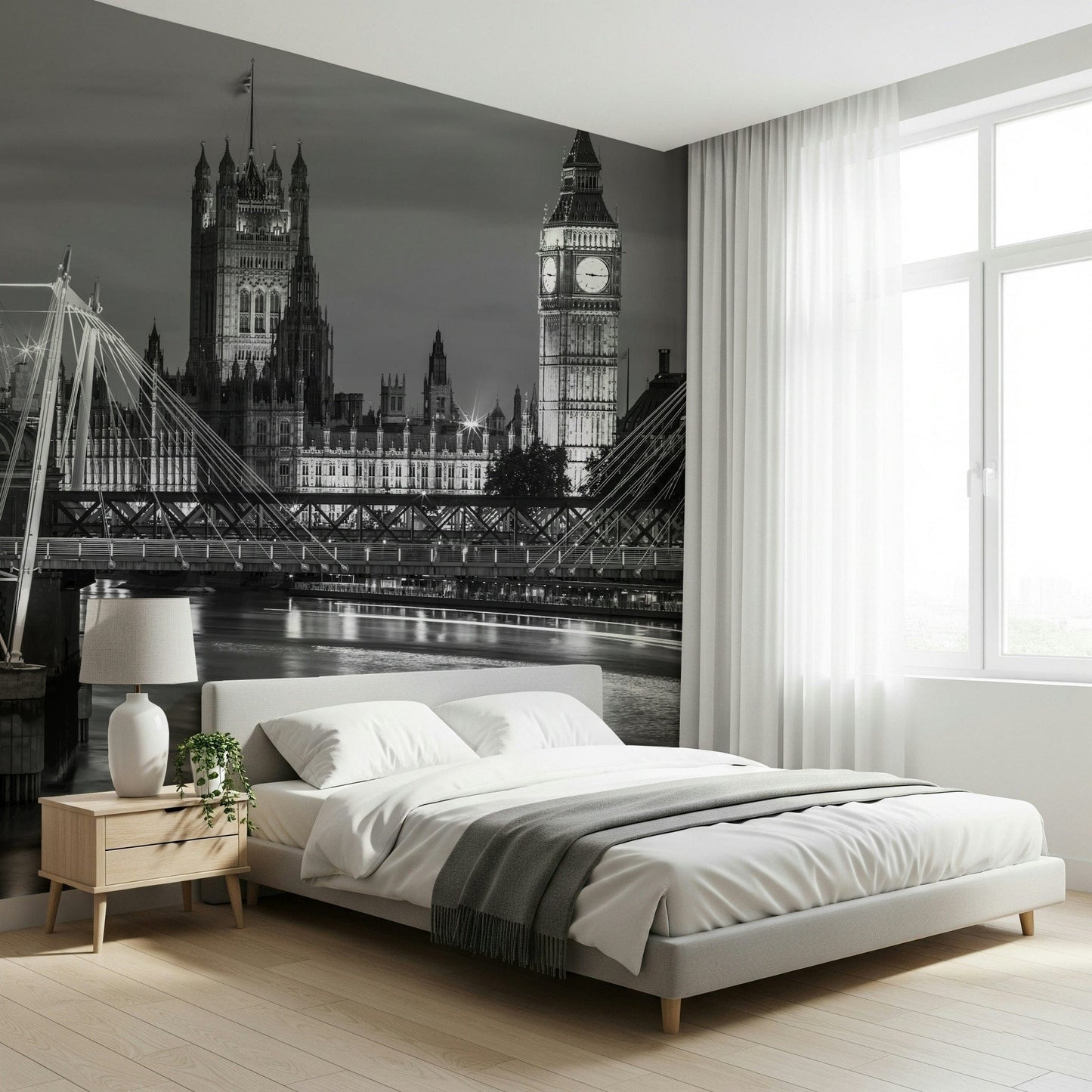 Monochrome London cityscape mural in home office, grayscale tones, modern apartment wall decor