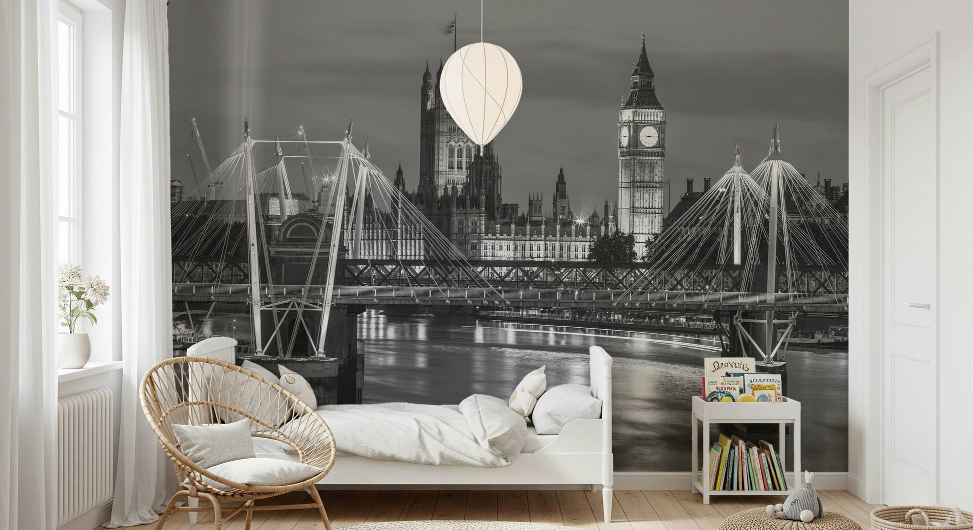 Black and white London cityscape mural in lounge, monochrome tones, modern apartment feature wall