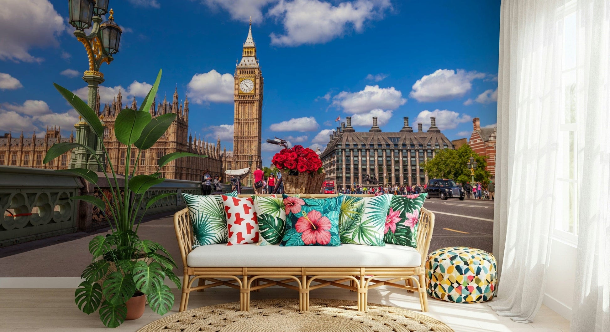 Red Blooms in London covering London street life Big Ben wallpaper.
