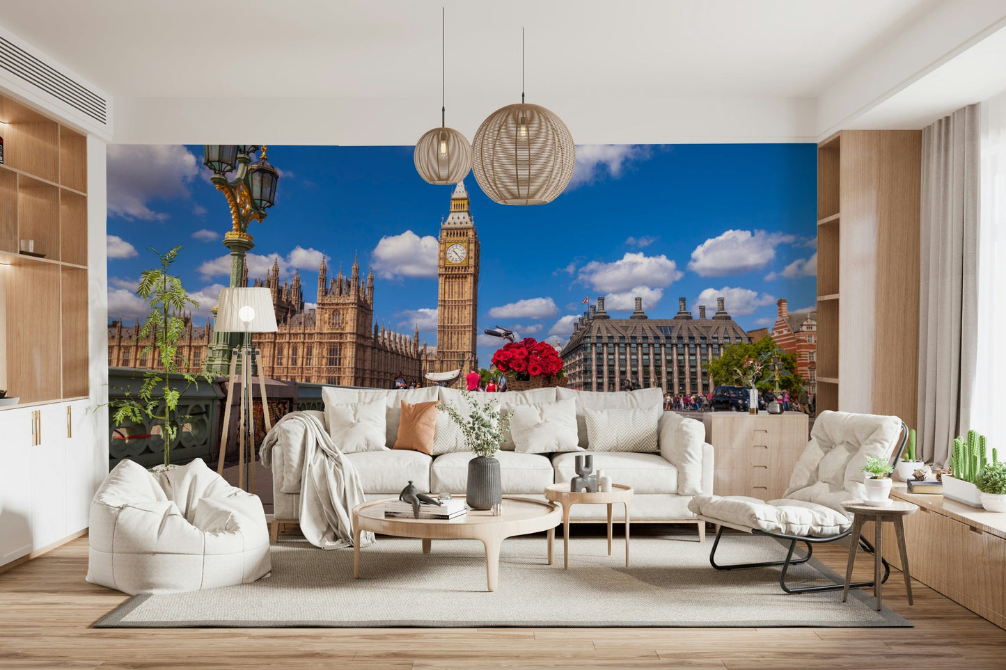 European travel theme Red Blooms in London wall design.