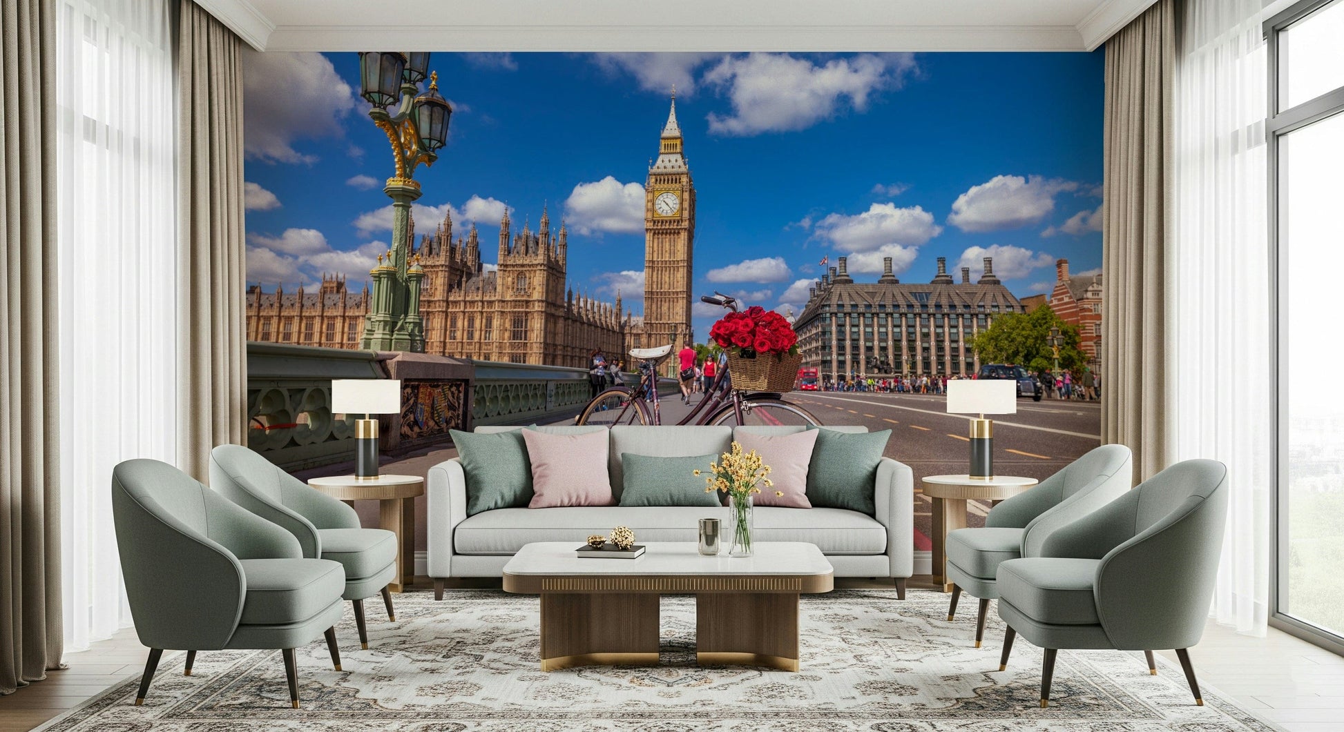 Wall covering featuring famous London clock; Red Blooms in London.