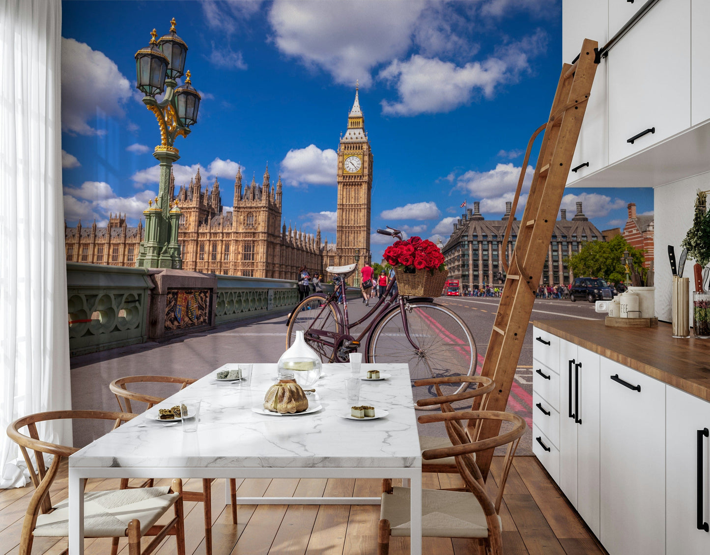 London wall mural featuring a bicycle basket of crimson flowers.