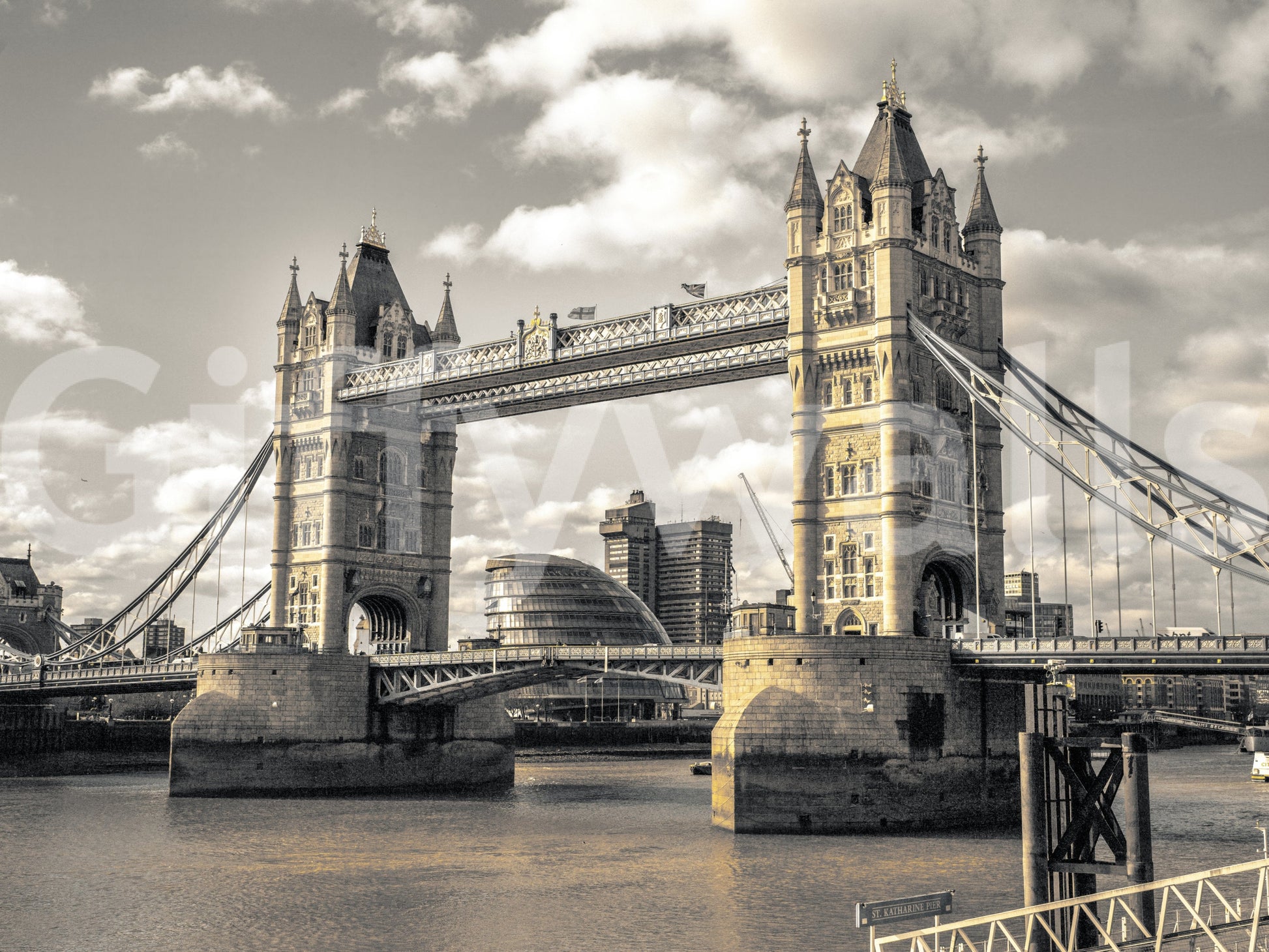 Grey tone London Bridge wall mural sophisticated architectural photograph.