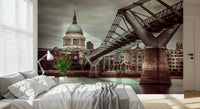 British cityscape; Millennium Bridge leading toward cathedral, unique wall art.