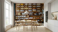 Cheese labels and wooden crates mural for kitchen backsplash wall, modern apartment style