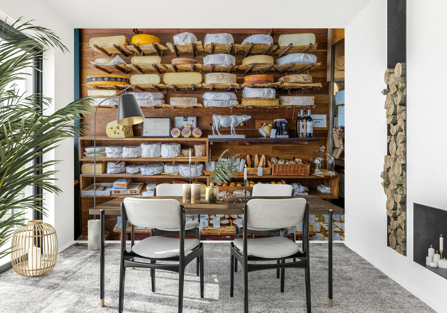 London cheese shop mural behind breakfast nook, farmhouse style, soft beige and brown tones