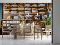 Cheese wheel display wall mural for dining area, classic shop styling, soft cream color