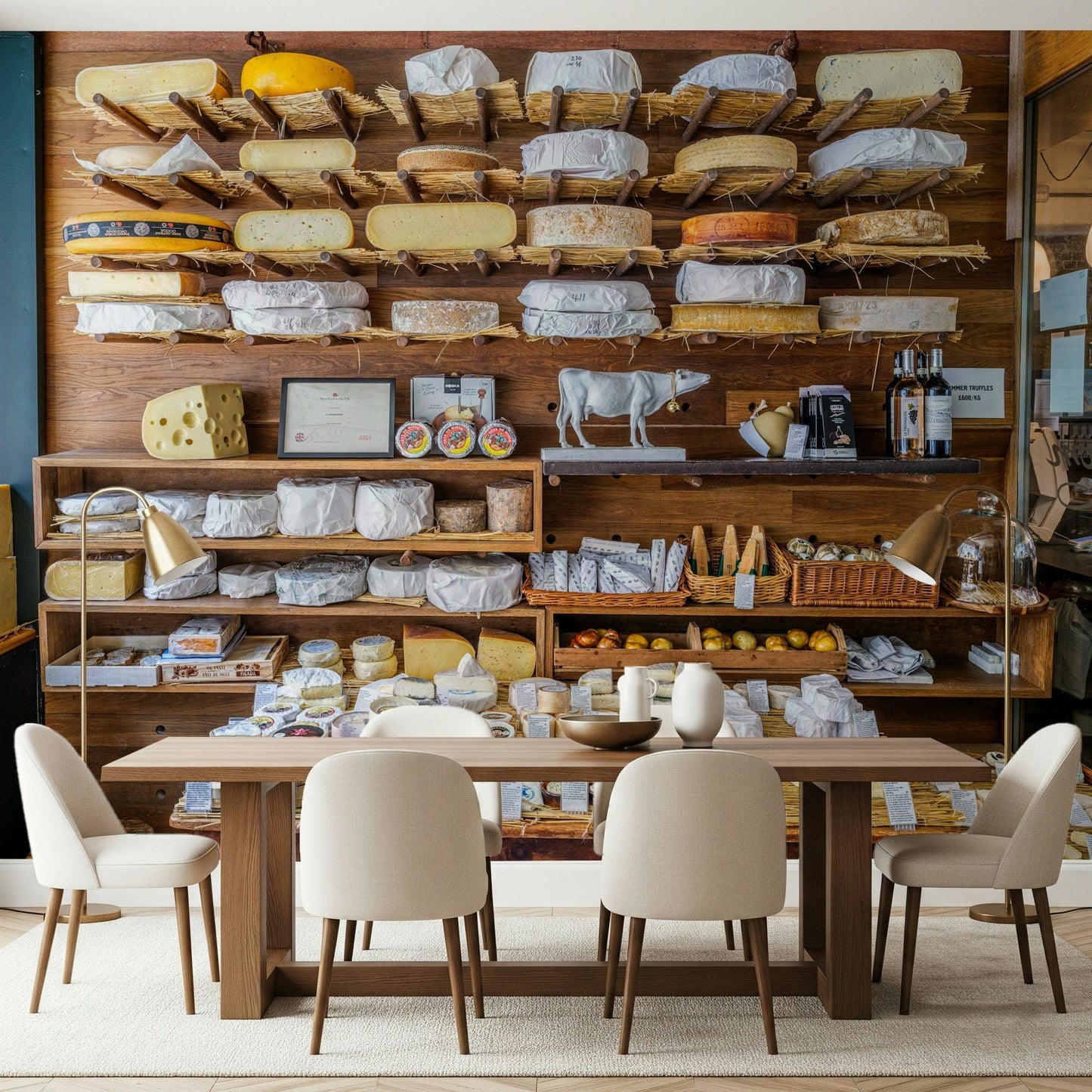 Rustic London market cheese mural in living room, neutral color, statement wall backdrop