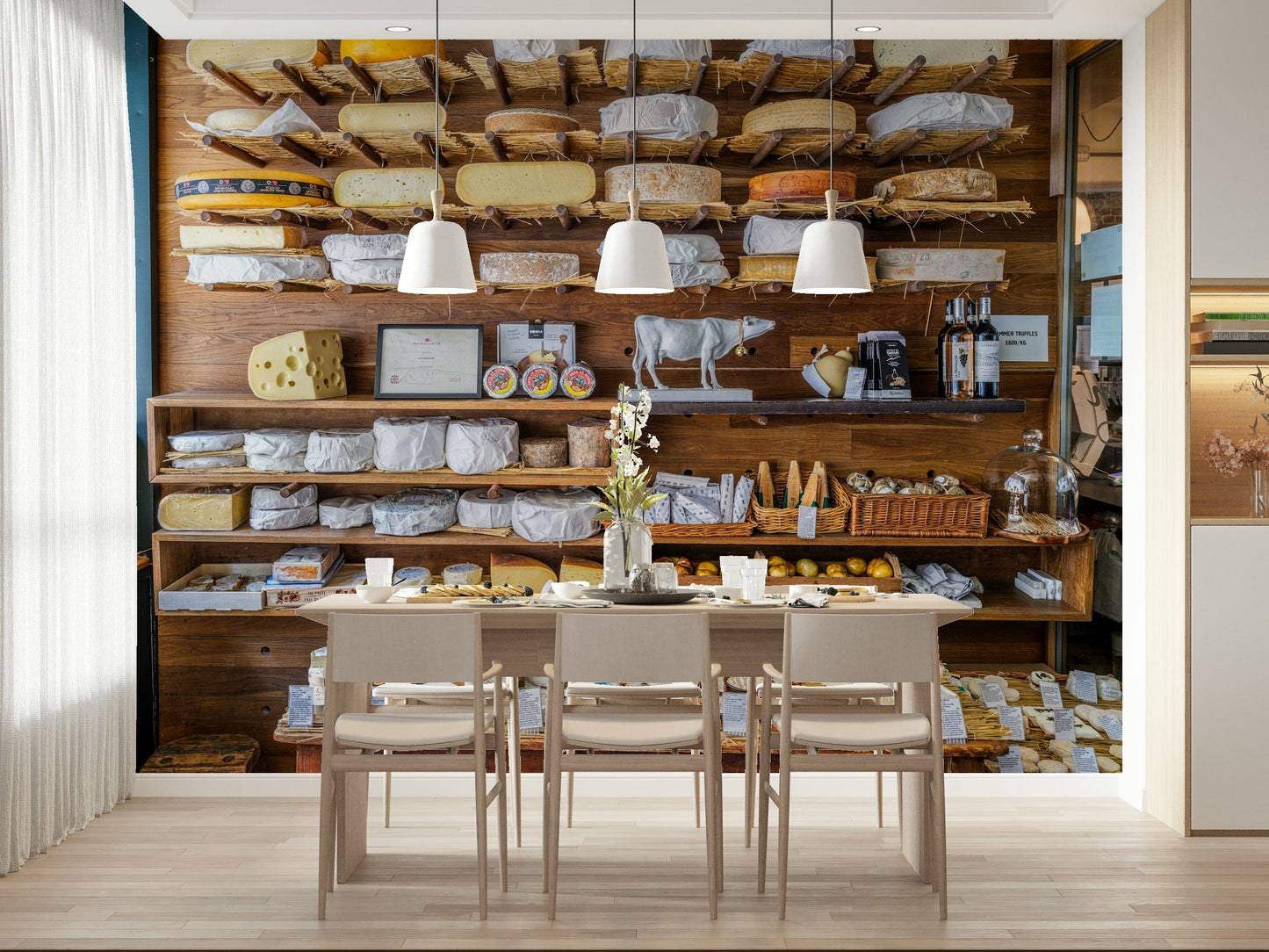 London's Organic Cheese Shop Wall Mural in hallway, vintage shop interior, warm neutrals