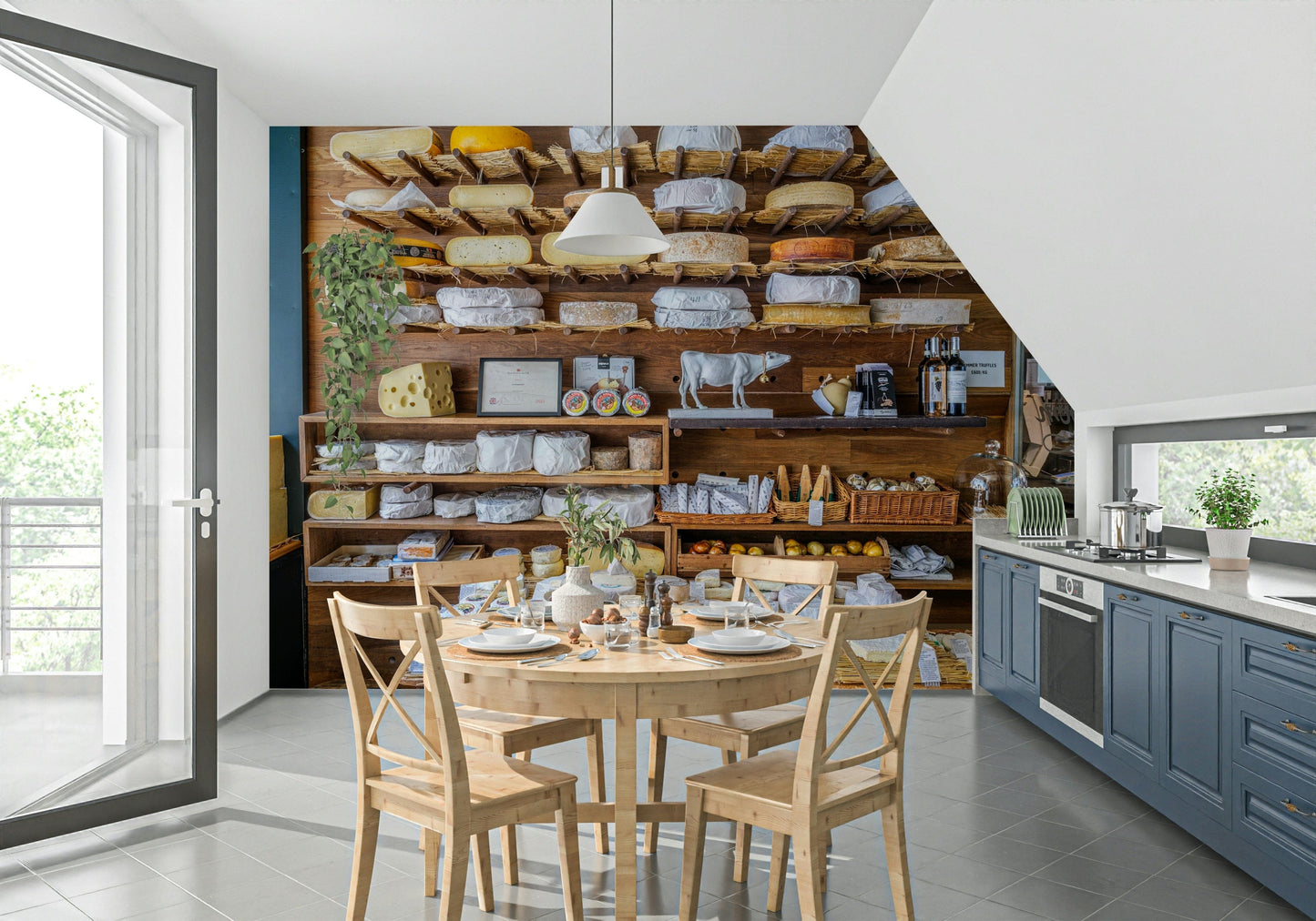 Cheese shop storefront mural for home office wall decor, muted color palette, cozy vibe