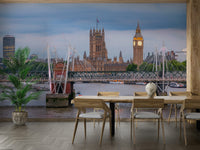 A minimalist home office with the scenic London wallpaper.

