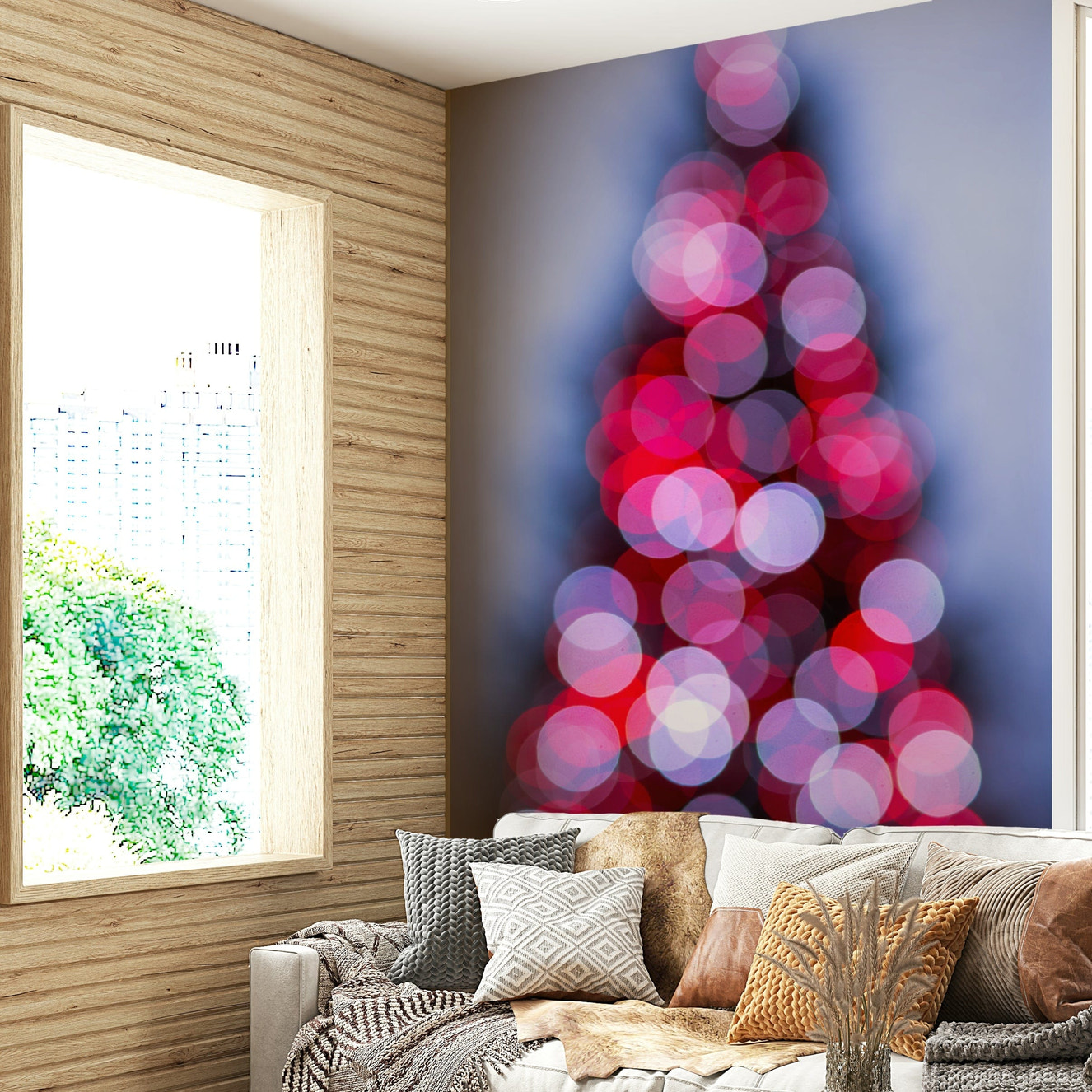 An angled shot of the mural's festive color palette.

