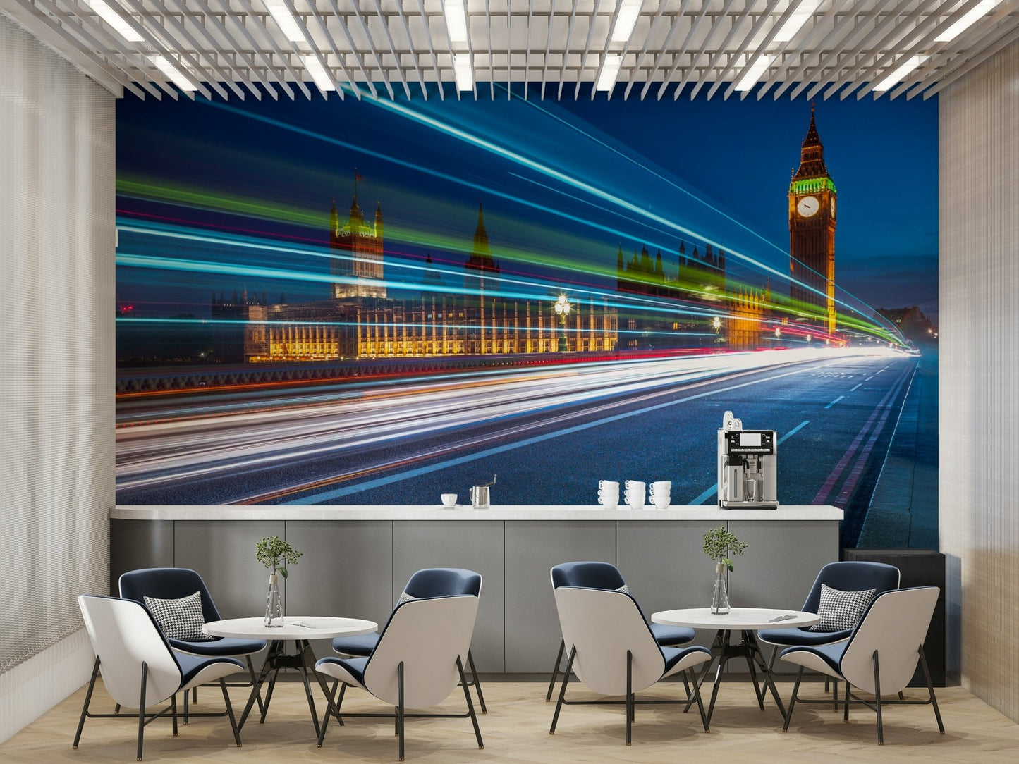 The image shows a full wall with bright light trails from moving vehicles.

