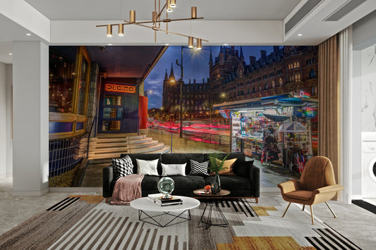 A high-angle view of the wall mural in a large space.