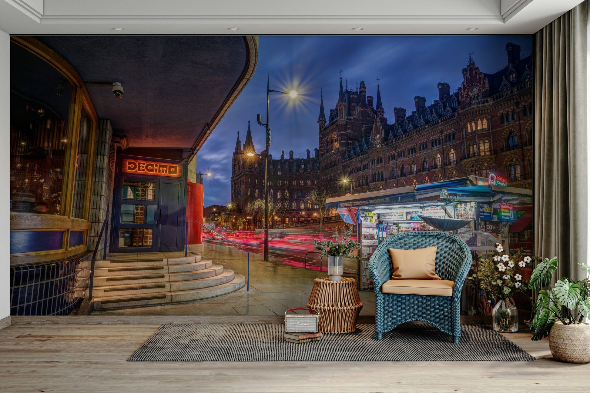 An angled shot of the mural's dark and luminous color palette.