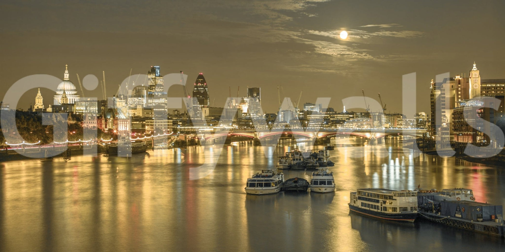 Night skyline wall mural with river boats