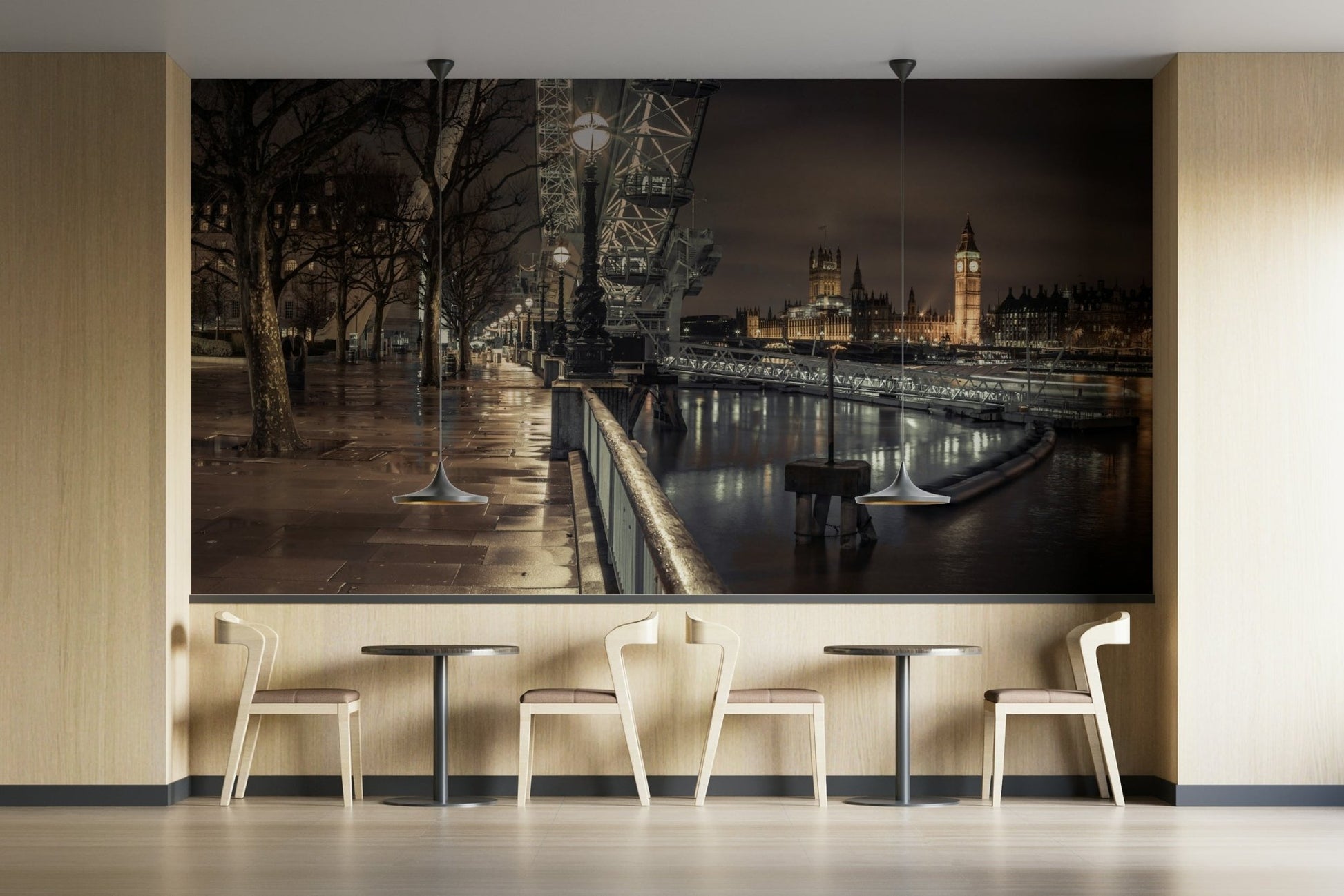 Big Ben and Thames River mural on self adhesive wallpaper for wall in a dark-themed cafe.


