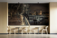 Big Ben and Thames River mural on self adhesive wallpaper for wall in a dark-themed cafe.

