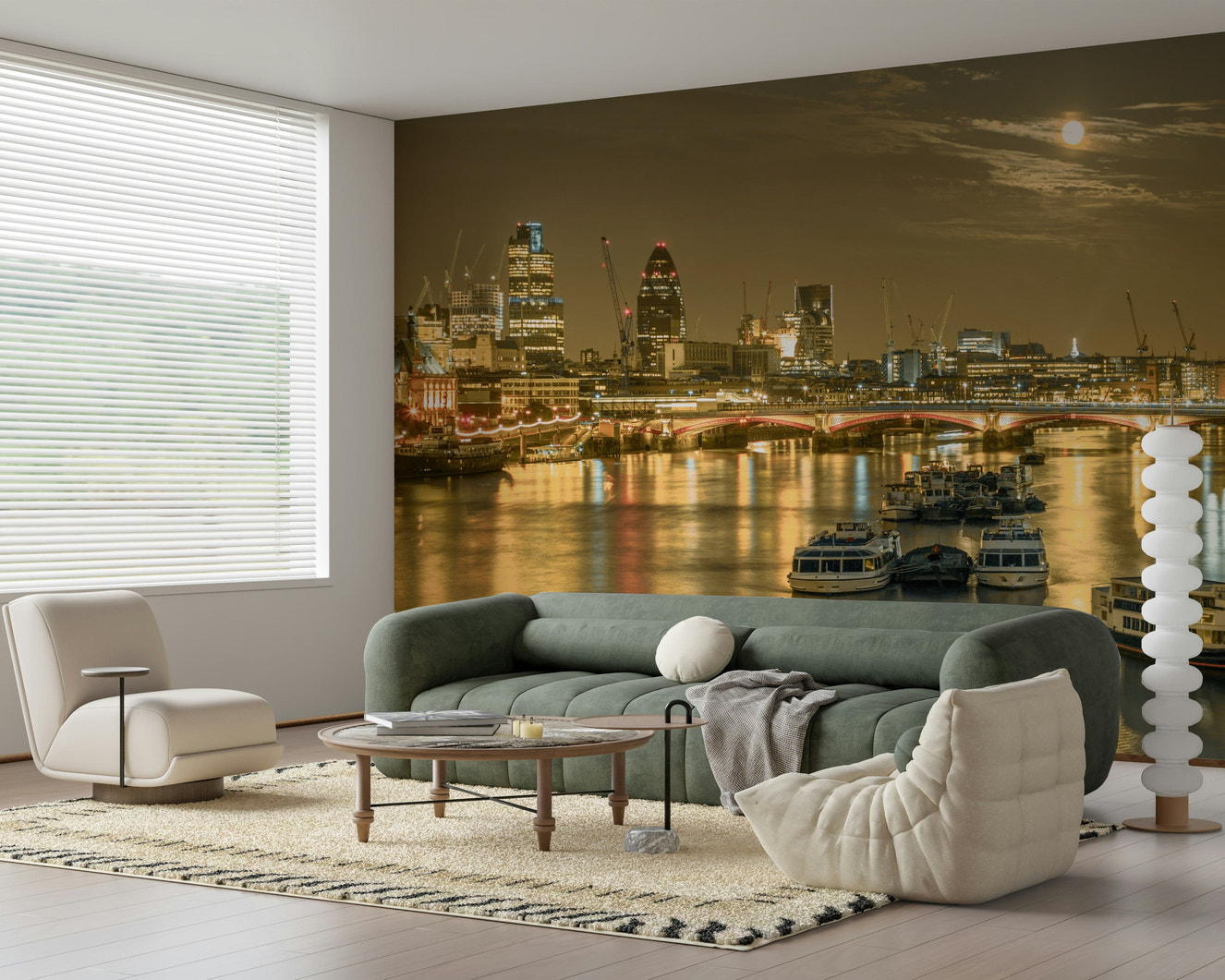 London Nights panorama wallpaper mural, golden river reflections.