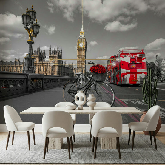 London Ride wallpaper mural in a dining room with a white table and cream upholstered chairs