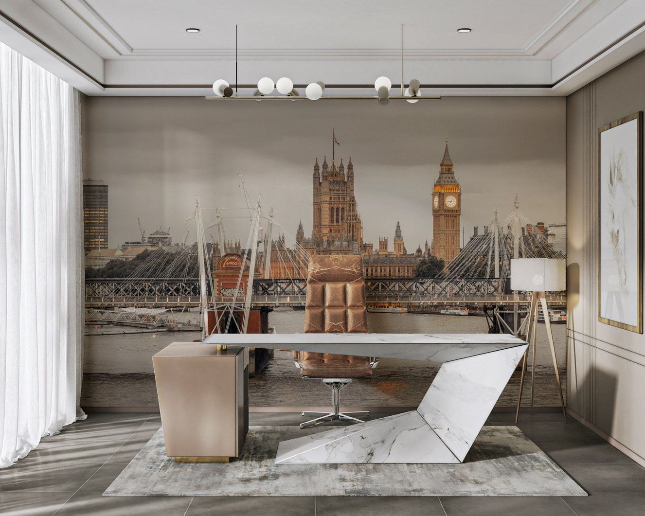 Wall mural of the London skyline.

